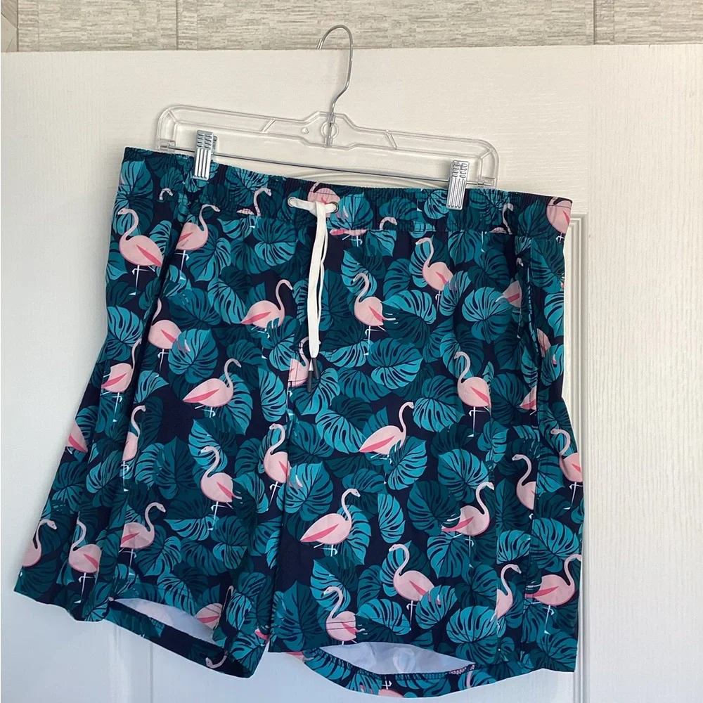Members Mark Men's Navy Flamingo Print Swim Trunks - Pink & Teal BNWT